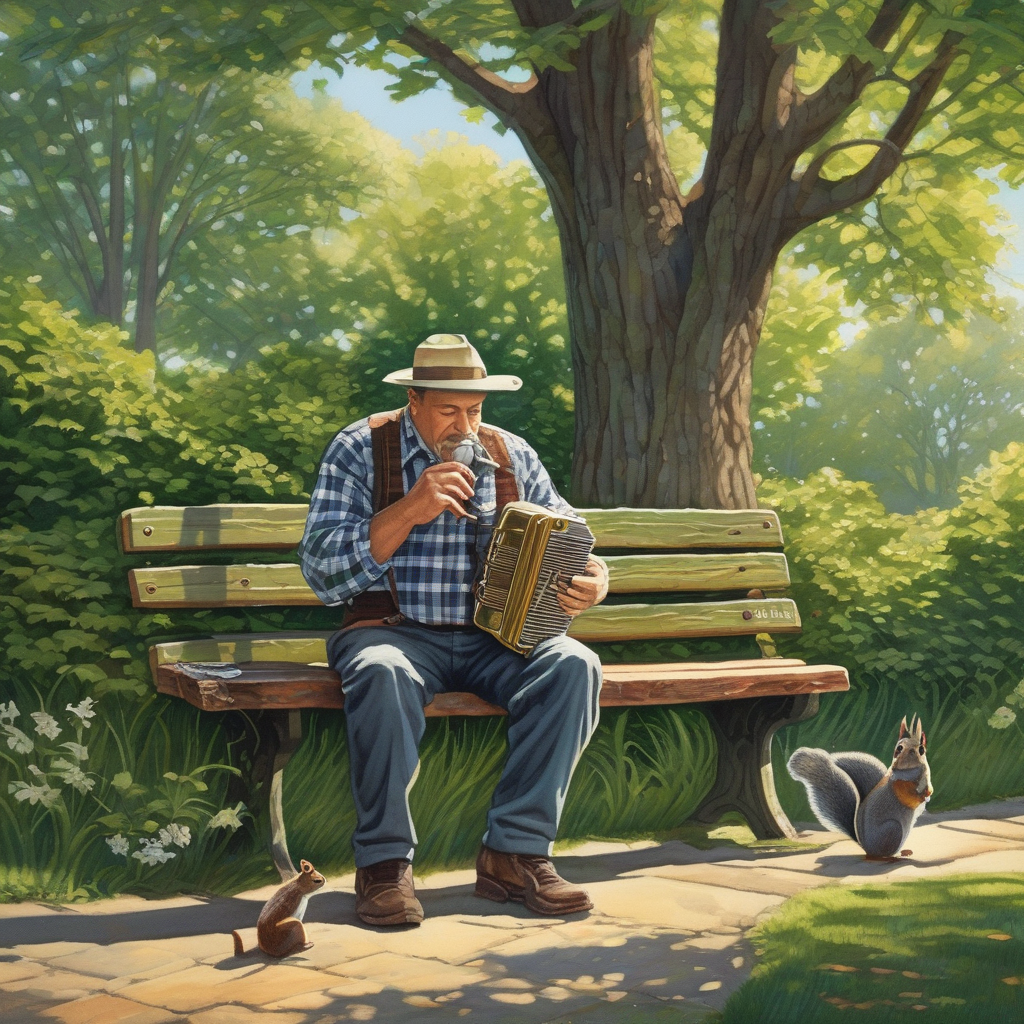 A Man Playing Harmonica On A Park Bench