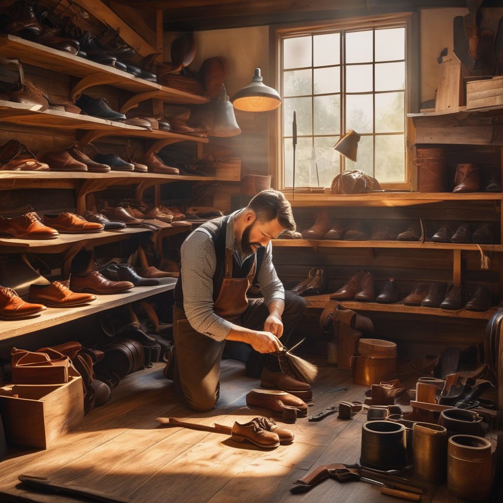 A Man Polishing Old Shoes In A Workshop