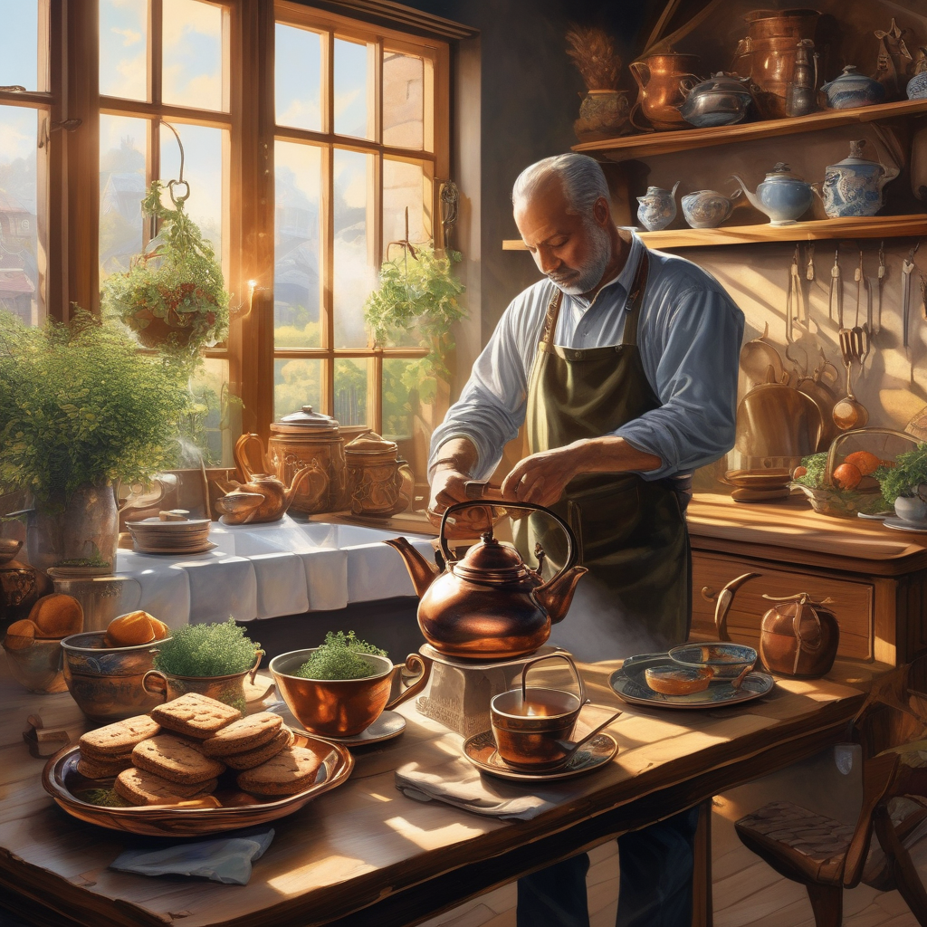 A Man Pouring Tea From A Copper Kettle