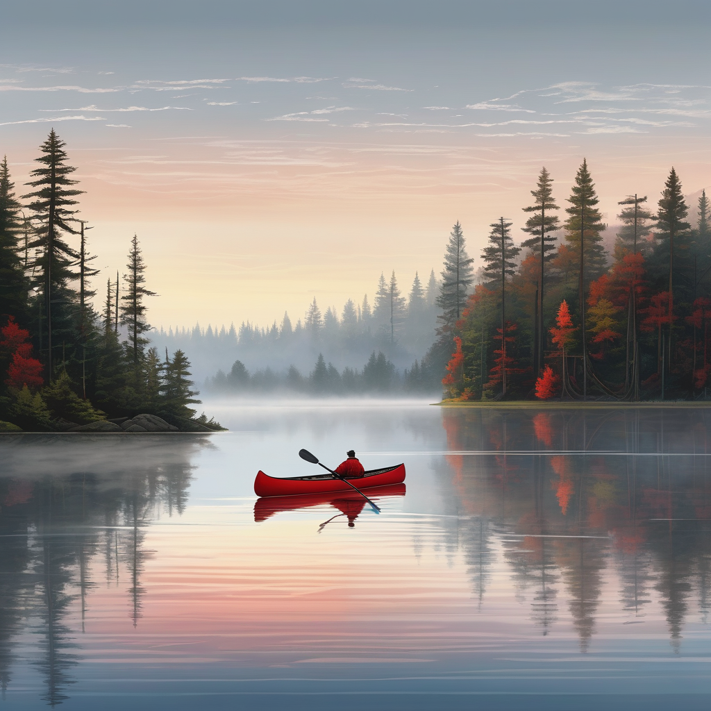 A Man Rowing A Canoe On A Misty Lake