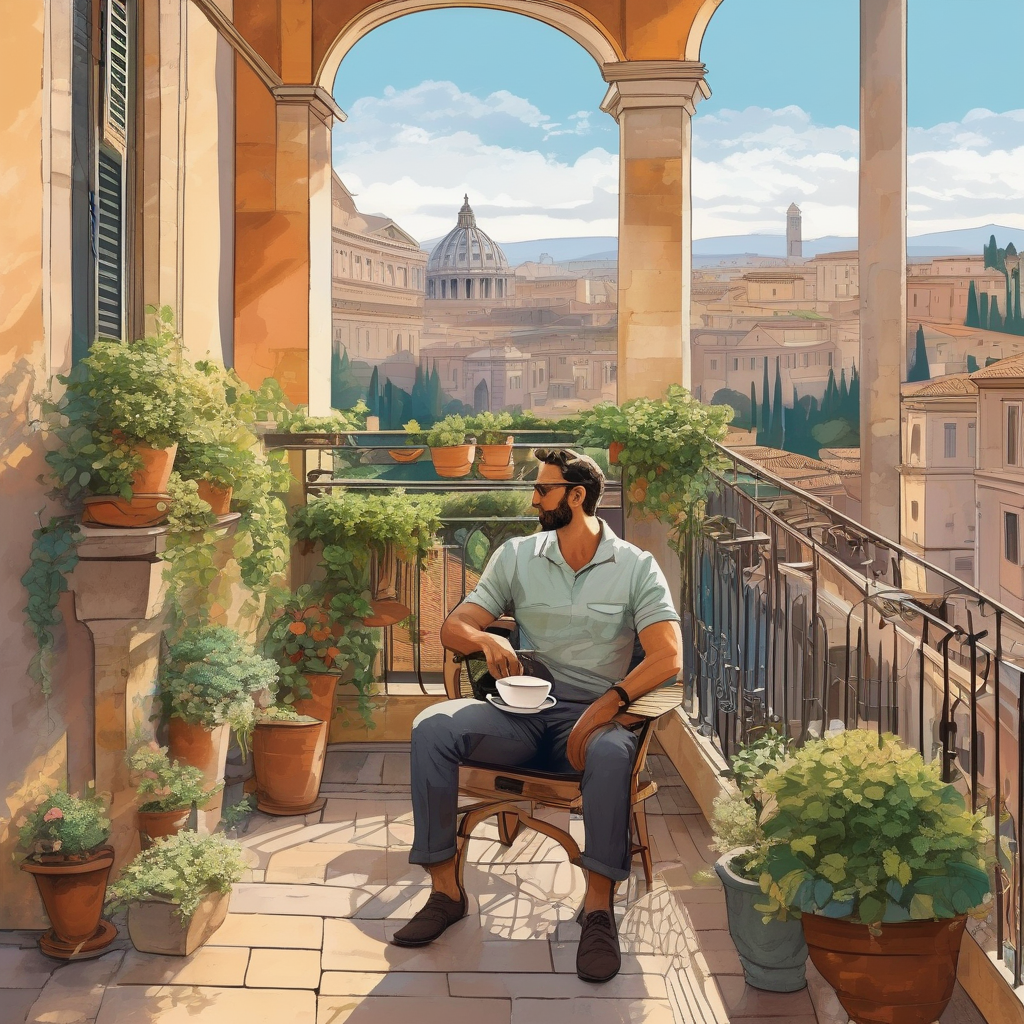 A Man Sipping Coffee On A Balcony In Rome