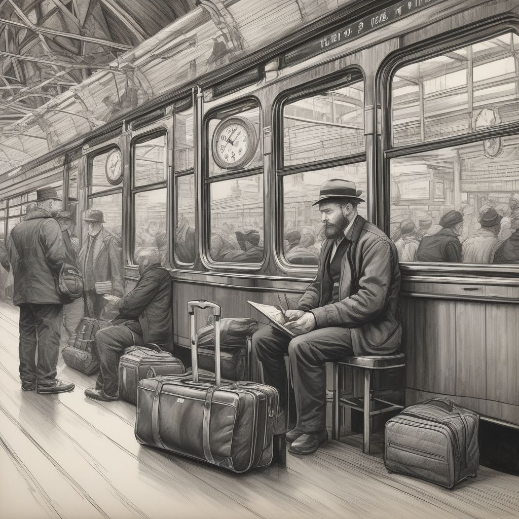 A Man Sketching People In A Busy Train Station