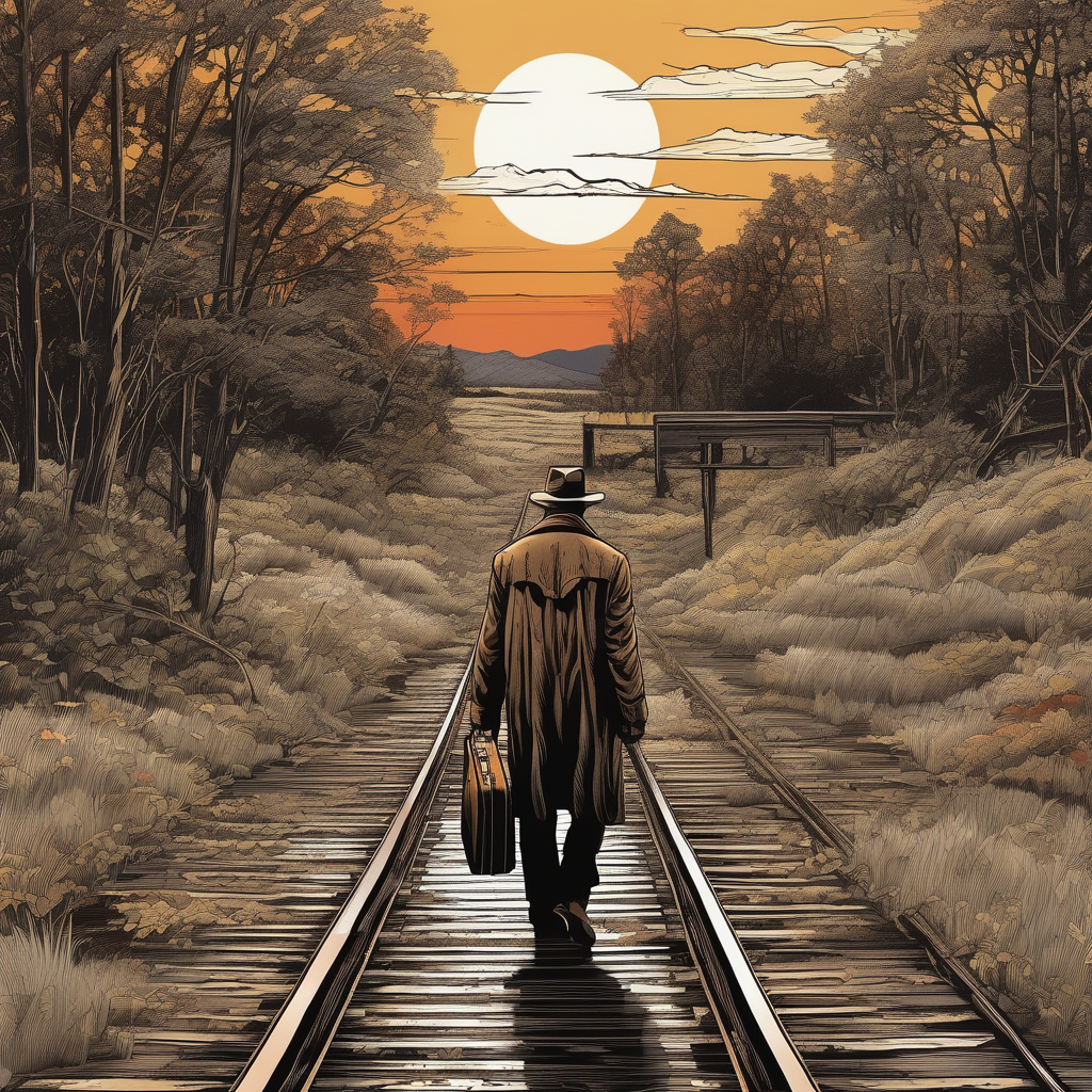A Man Walking Down Railroad Tracks With Suitcase