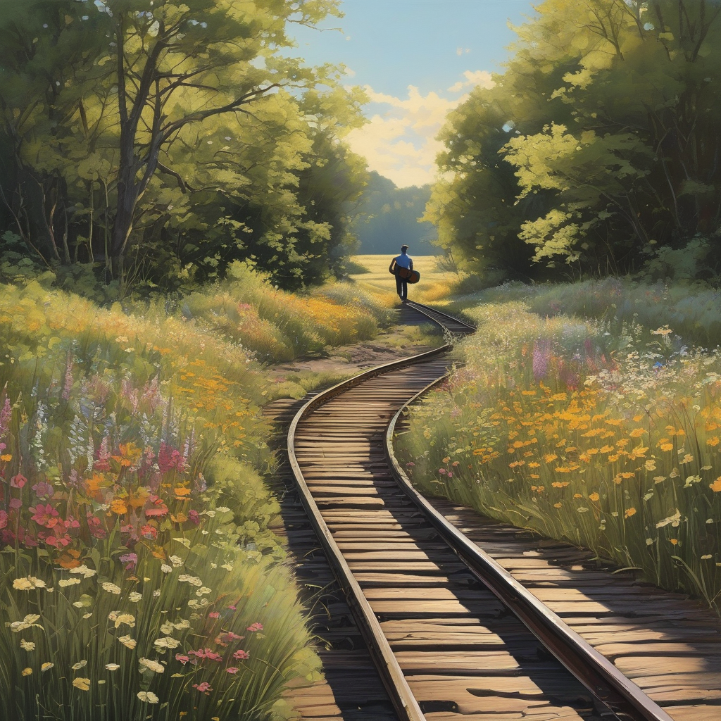 A Man Walking On Train Tracks With Guitar Case