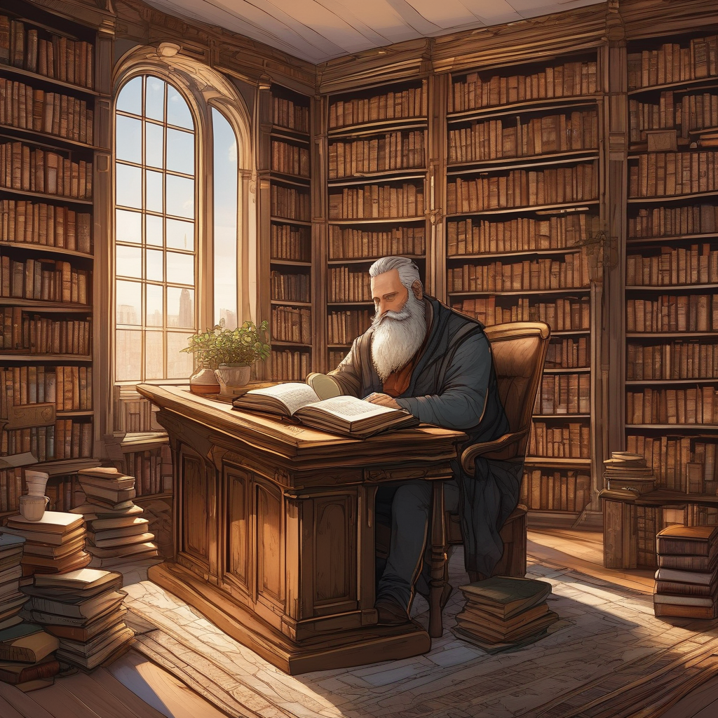 A Man With Long Beard Reading Poetry In A Library Full Of Old Books