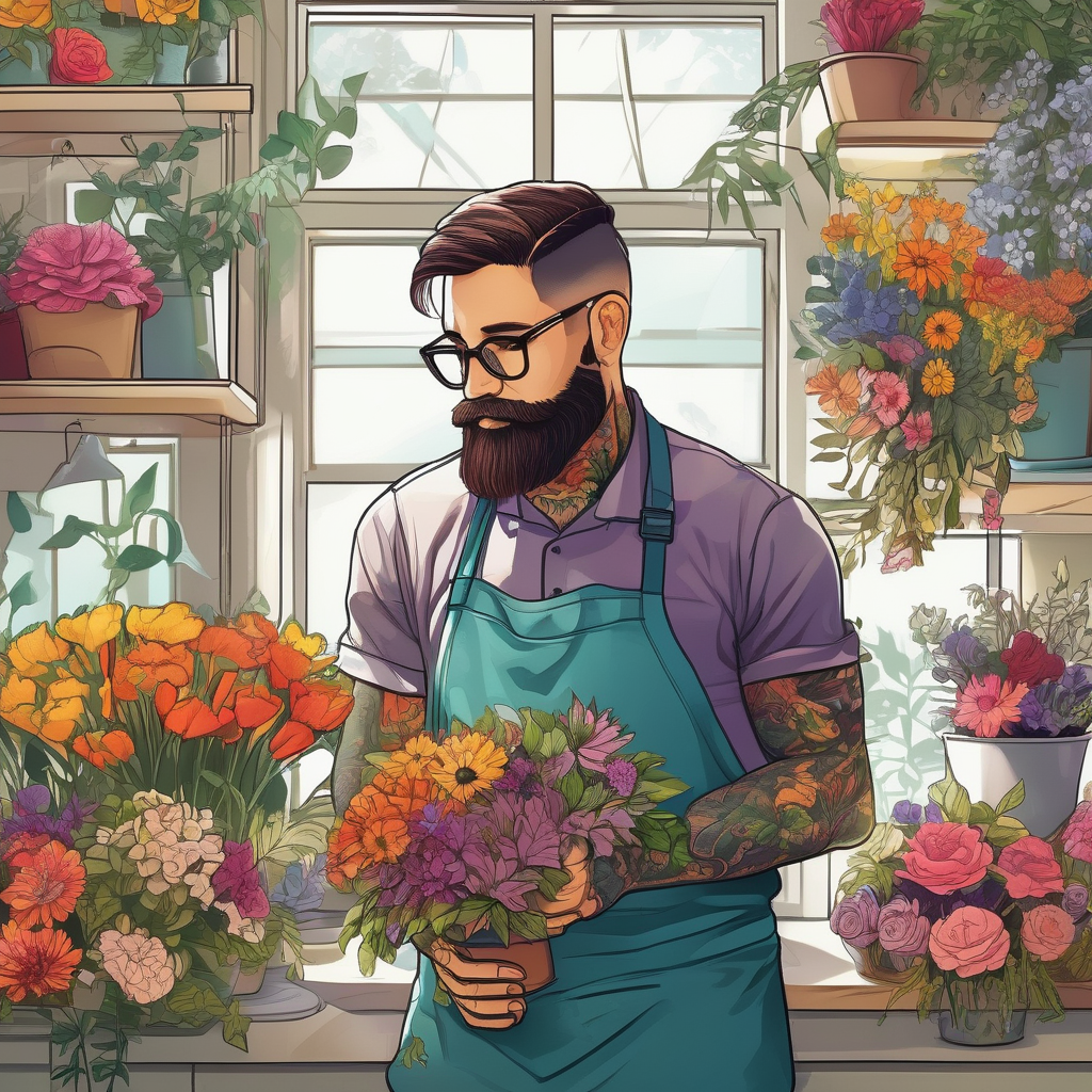 A Man With Tattoos Working In A Flower Shop