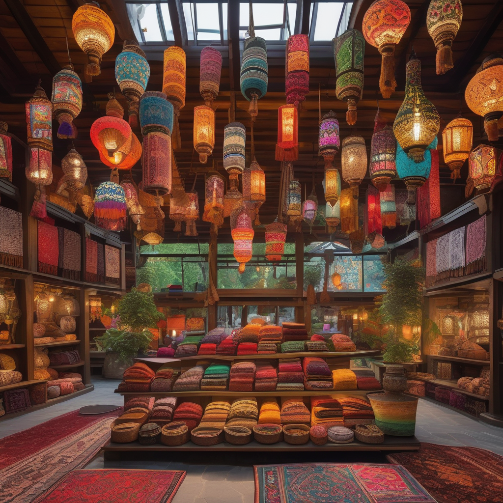 A Market With Hanging Rugs And Lamps