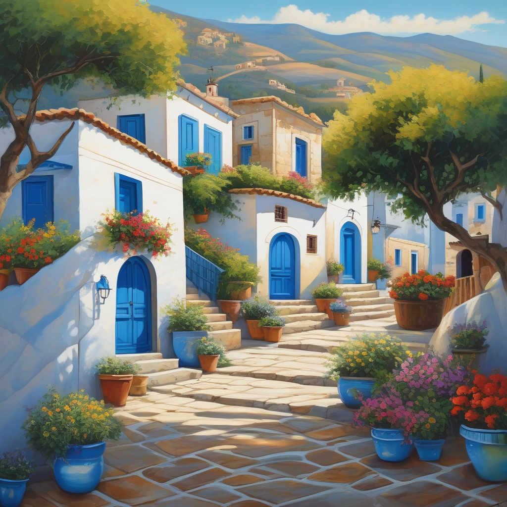 A Mediterranean Village With Whitewashed Houses And Blue Doors