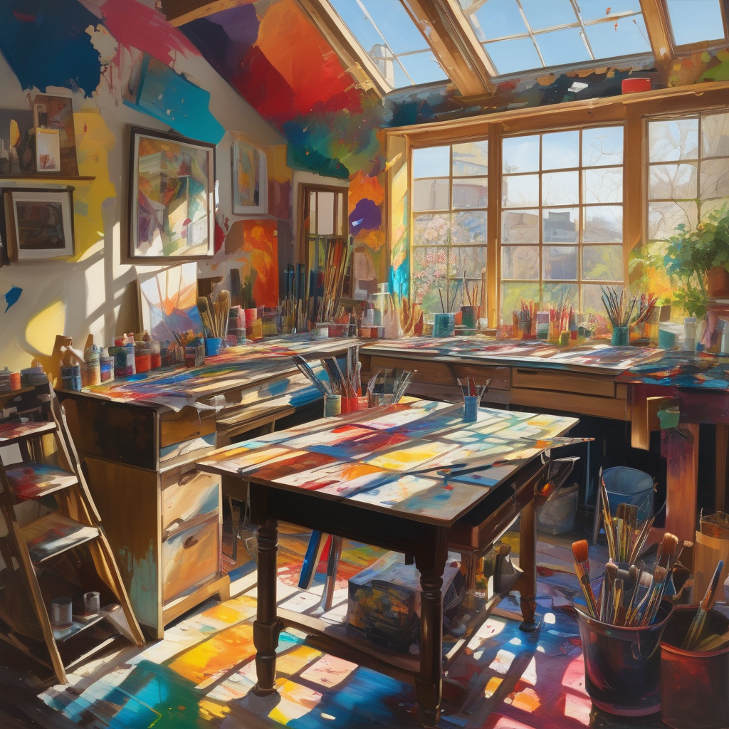 A Messy Artist Studio Filled With Sunlight And Brushes