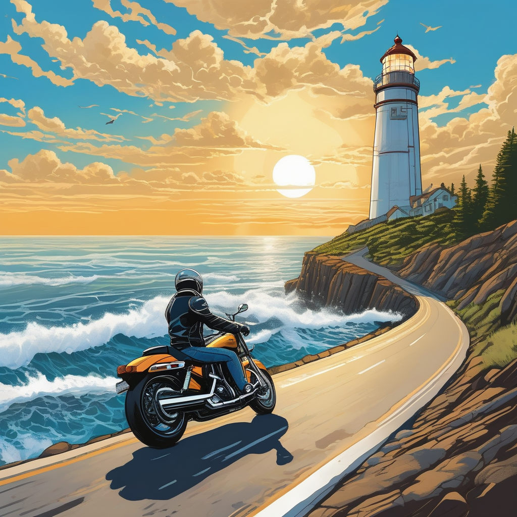 A Motorcyclist Cruising Along A Coastal Highway
