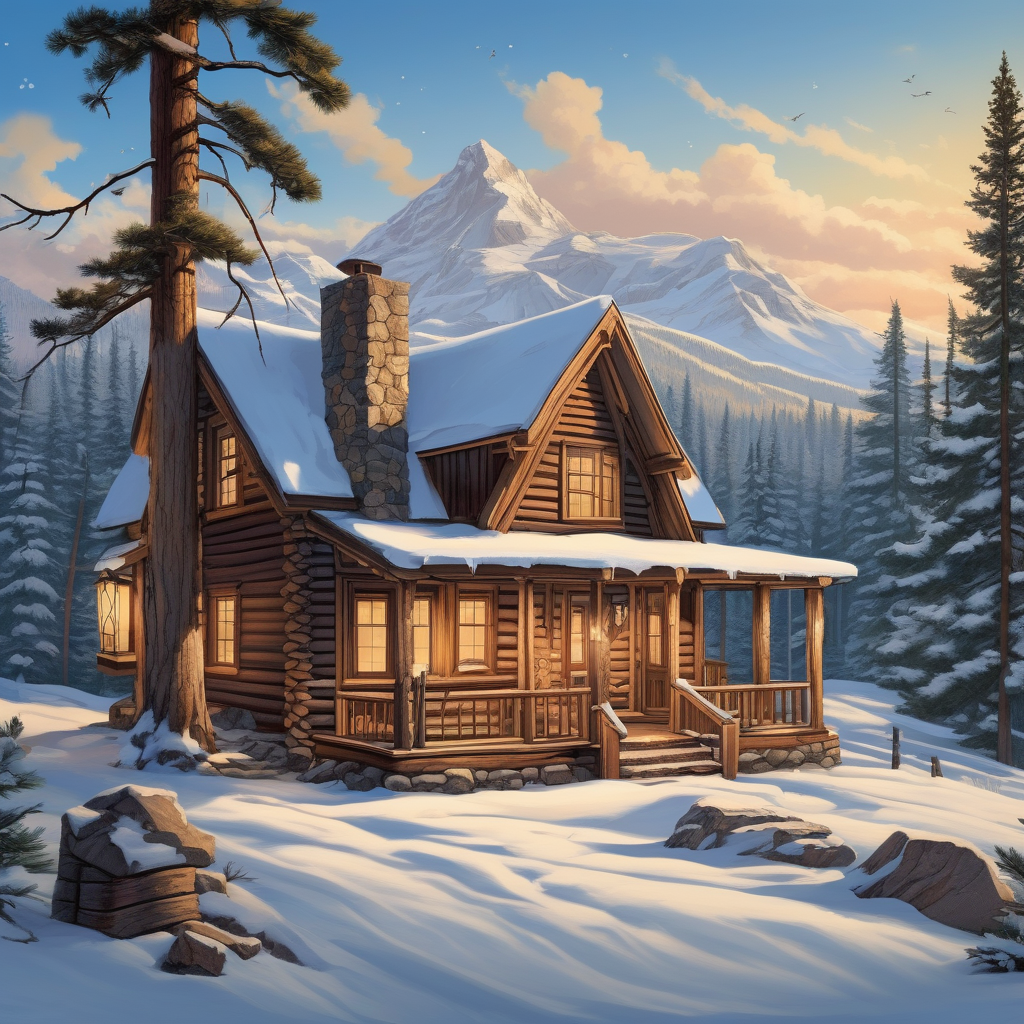 A Mountain Cabin With Smoke Rising From The Chimney