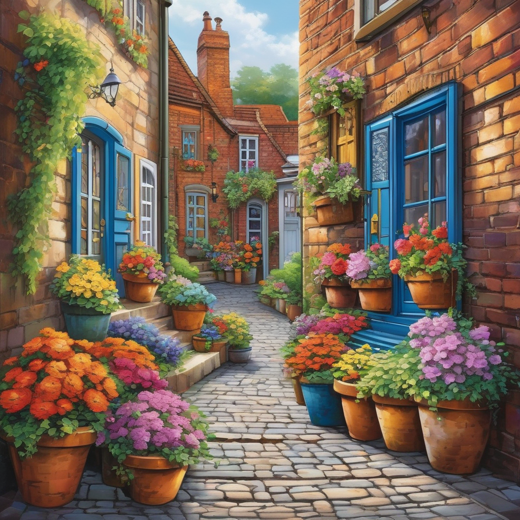 A Narrow European Street Filled With Flower Pots