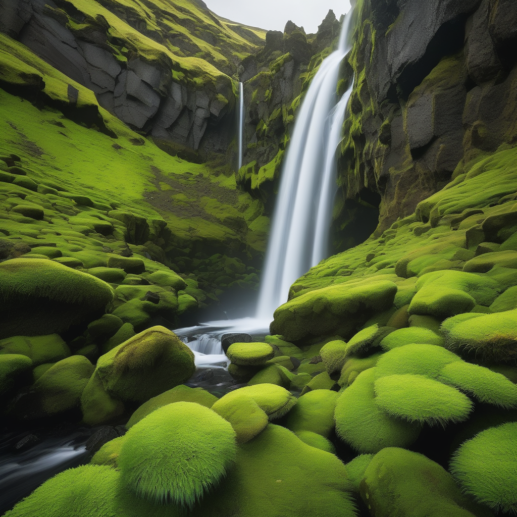 A Narrow Waterfall In Iceland With Mossy Cliffs