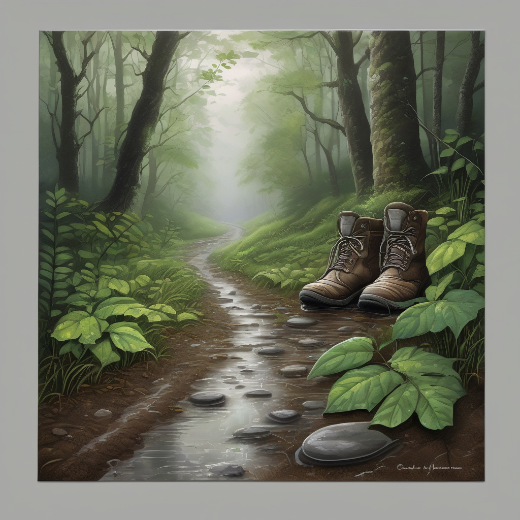 A Pair Of Muddy Boots On A Rainy Trail