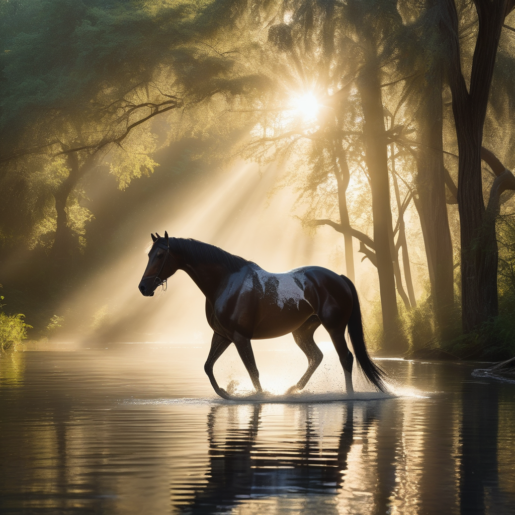 A Person Riding A Horse Through Shallow Water