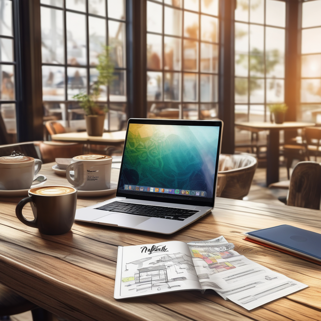 A Coffee Cup Laptop And Website Layout Printout On A Cafe Table Casual