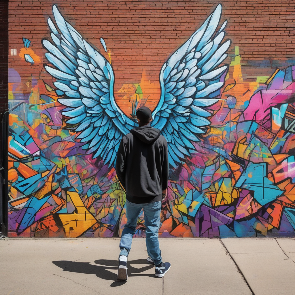 A Person Walking Past A Mural Of Wings