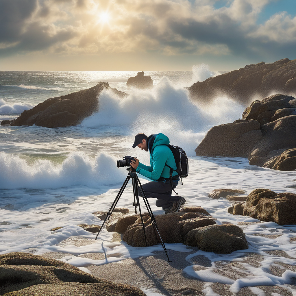 A Photographer Capturing Waves On A Rocky Beach