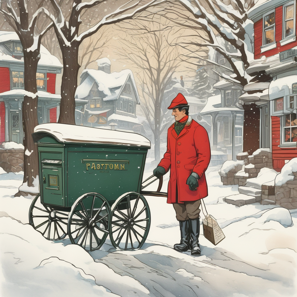 A Postman Delivering Letters On Snowy Street