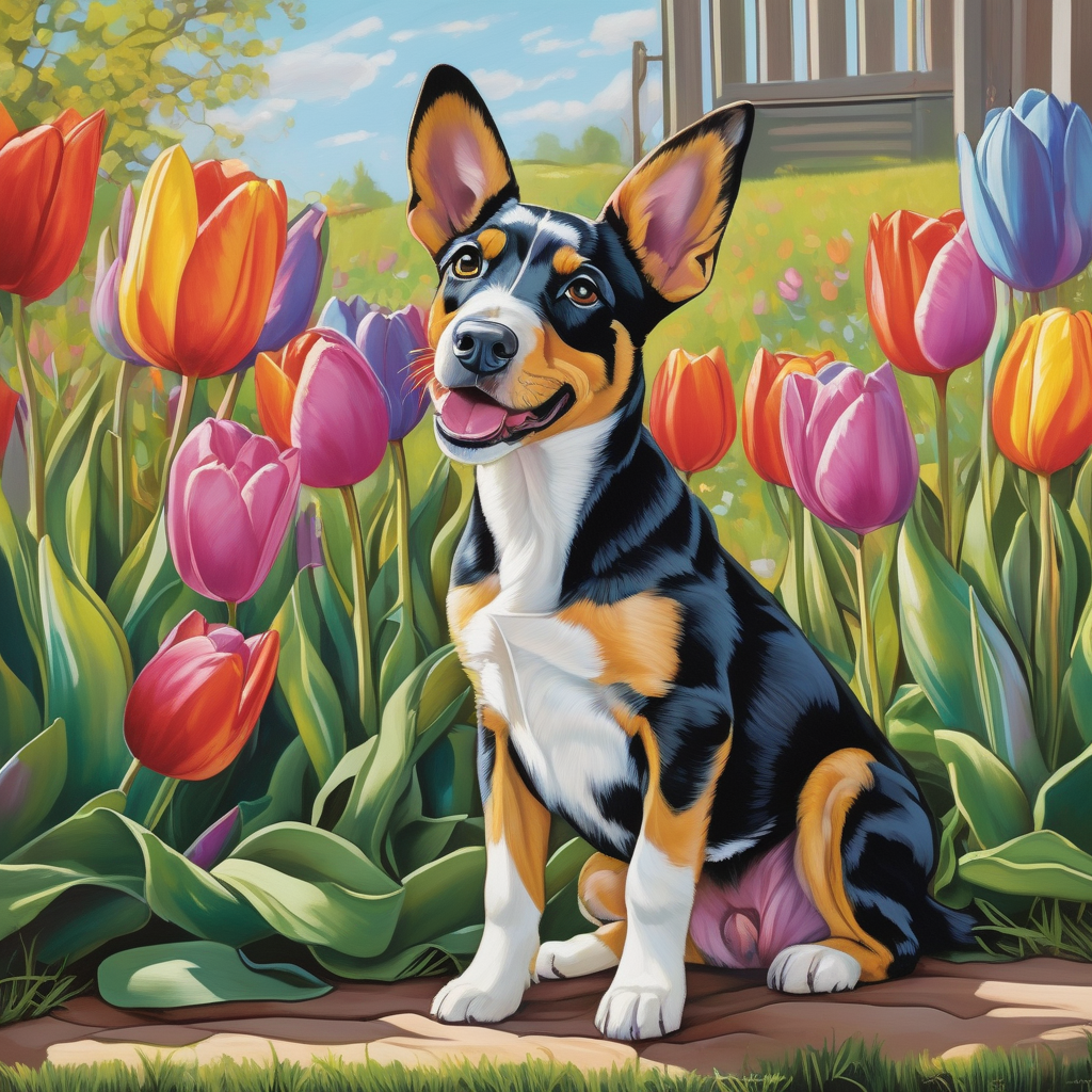 A Puppy Sniffing Tulips In The Garden