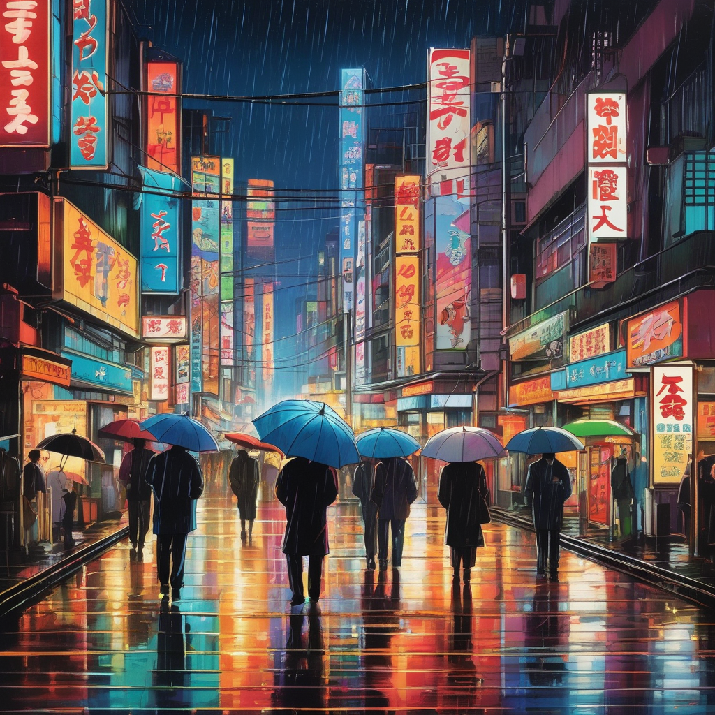A Rainy Night In Tokyo With Neon Signs And Reflections