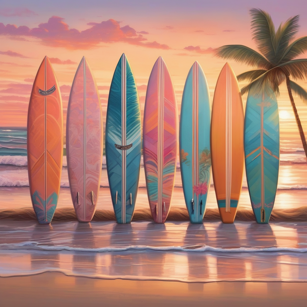 A Row Of Surfboards On A Beach At Dawn