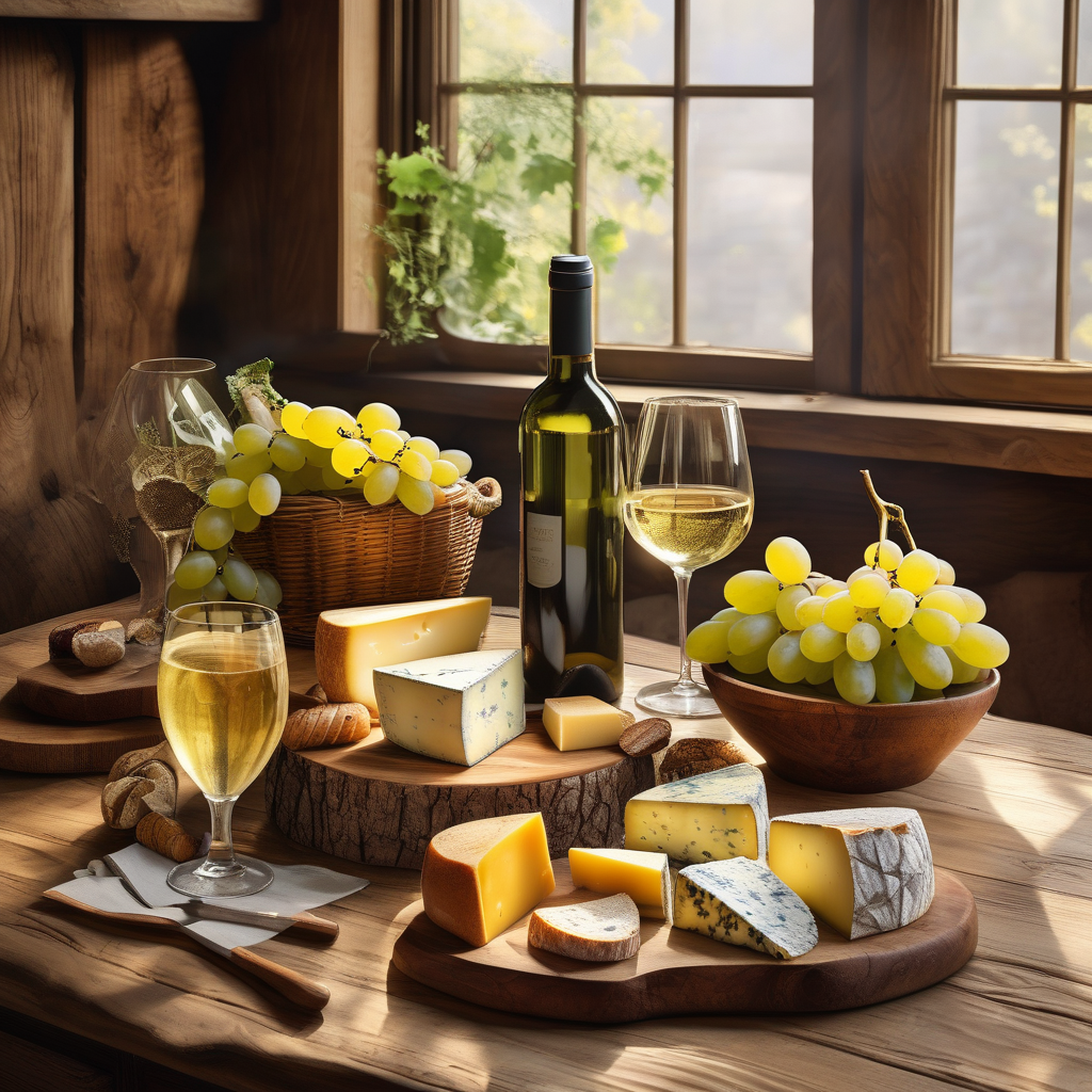 A Rustic Wooden Table With Cheese Wine Grapes