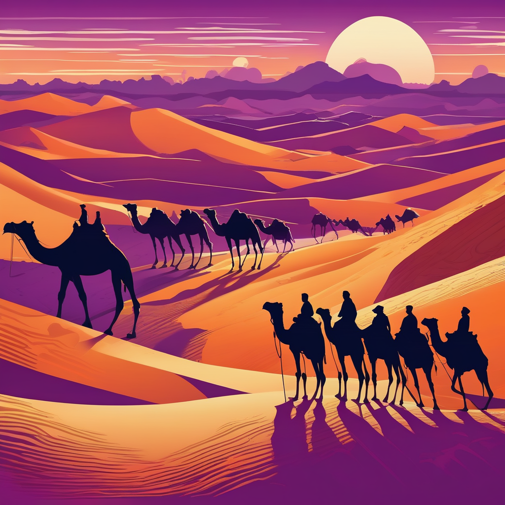 A Silhouette Of A Camel Caravan At Sunset