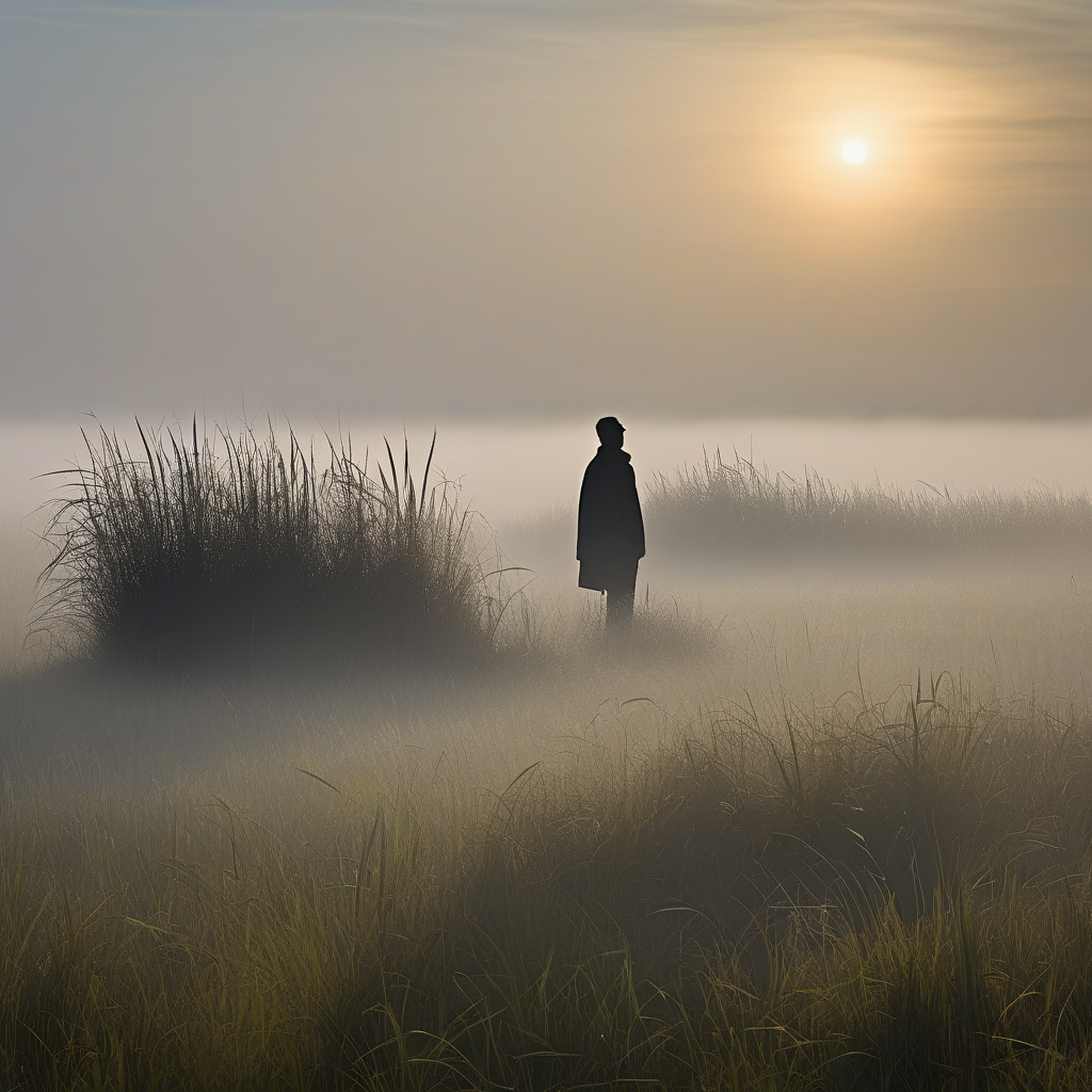 A Silhouette Of A Person In A Foggy Field