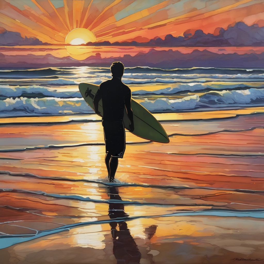 A Silhouette Of A Surfer Walking Toward The Ocean