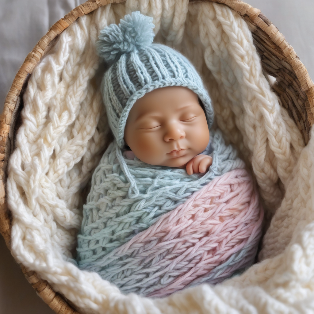 A Sleepy Baby In A Knit Hat In A Basket