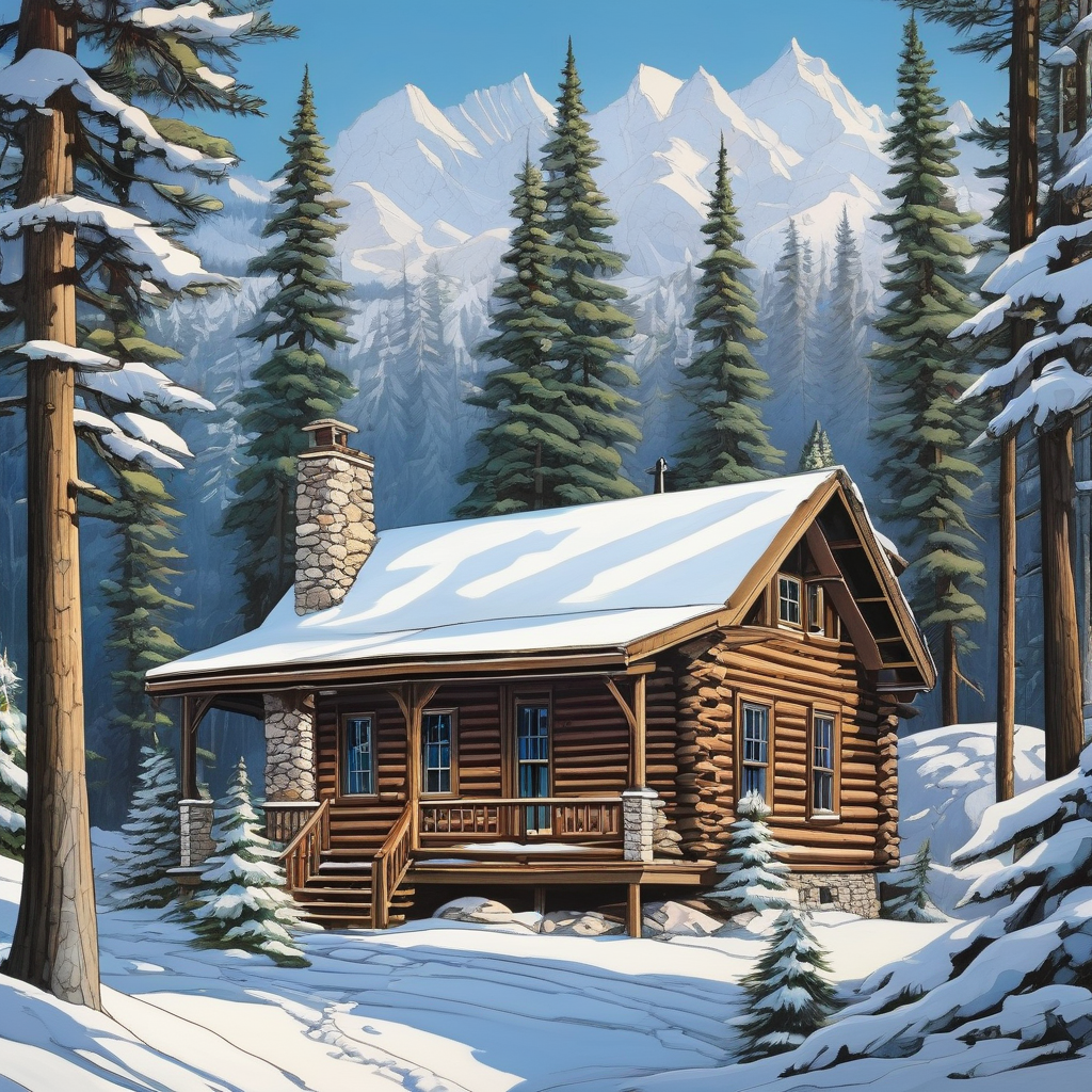 A Snow Covered Cabin In A Dense Pine Forest