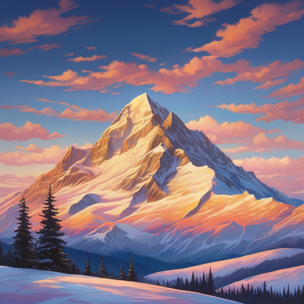 A Snowy Mountain Peak Glowing At Sunrise