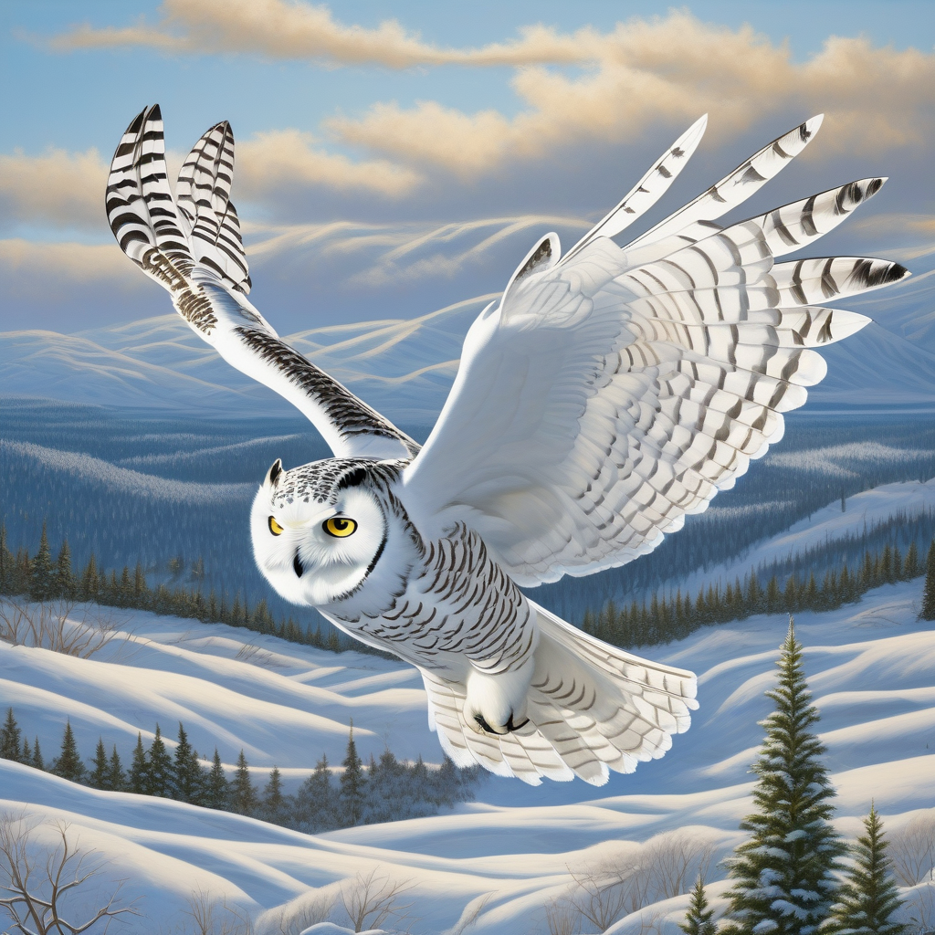 A Snowy Owl In Flight With Wings Wide