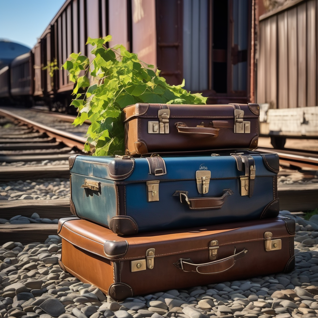 A Stack Of Vintage Suitcases Beside A Train Track