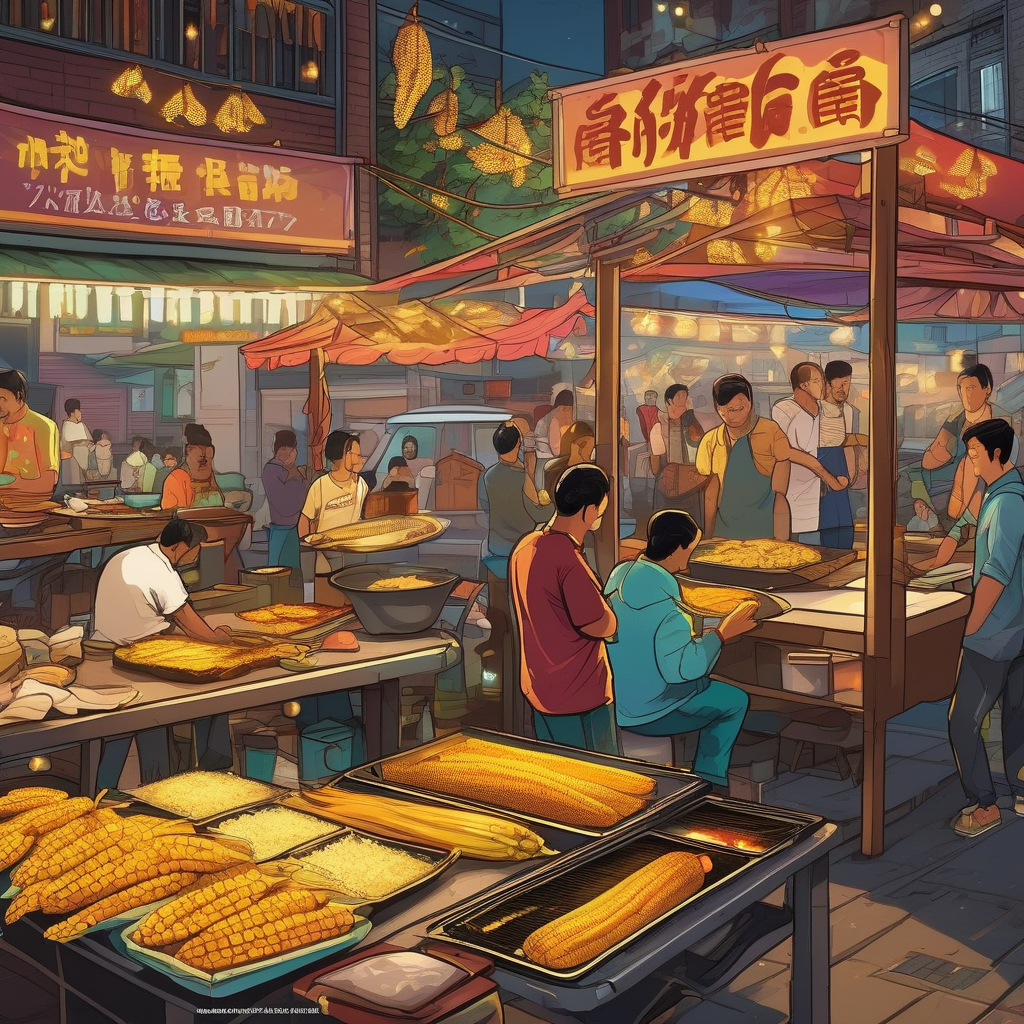 A Street Vendor Grilling Corn At Night Market