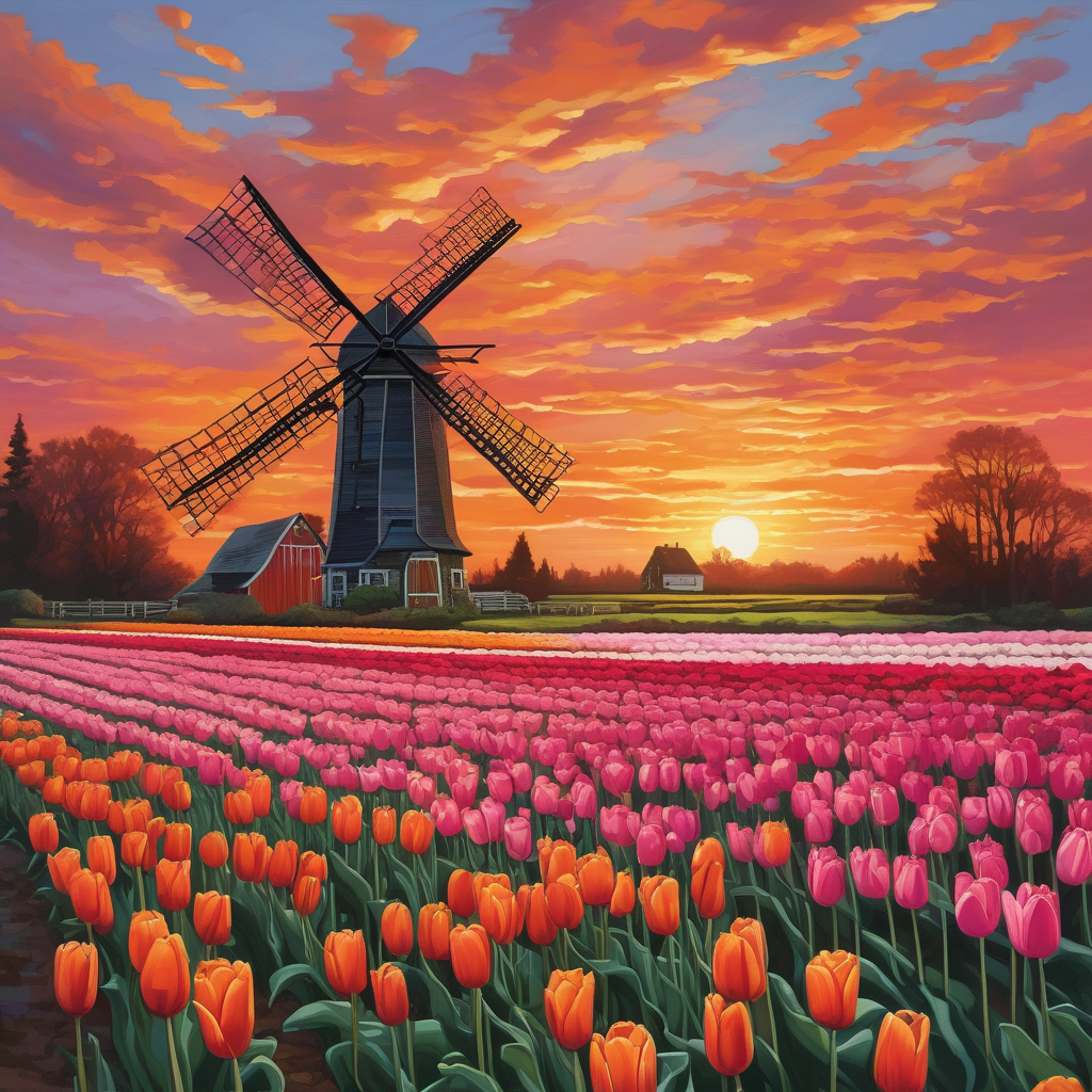 A Sunset Behind A Windmill In A Tulip Field