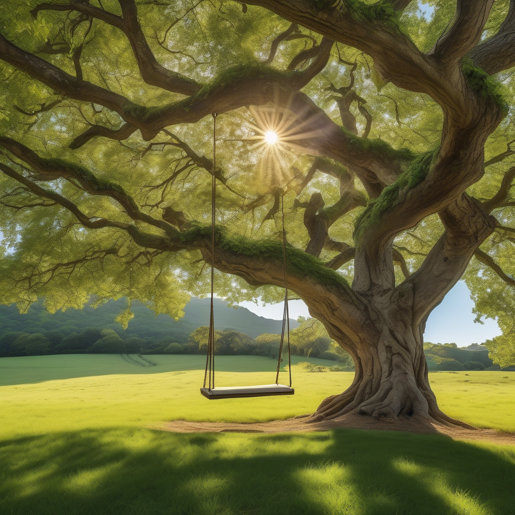 A Swing Hanging From An Old Tree In Golden Light