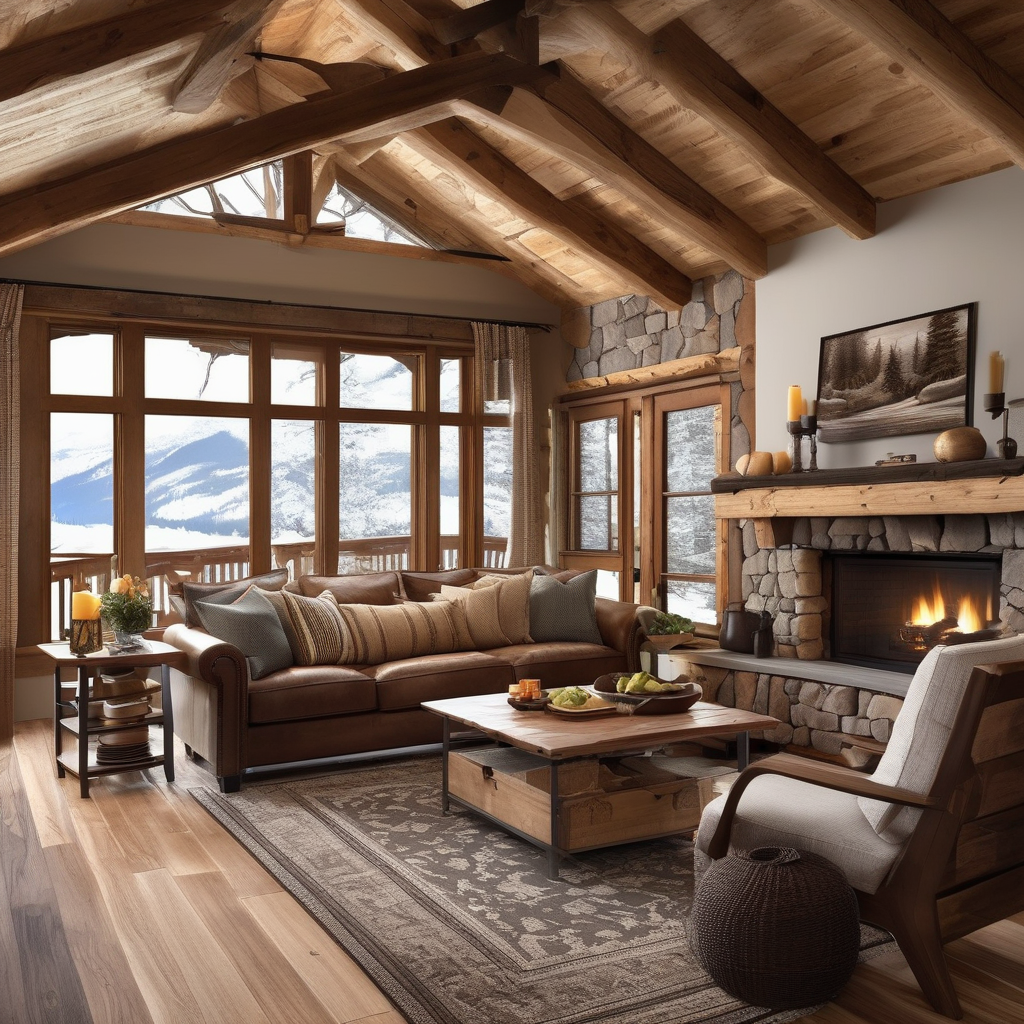 A Cozy Mountain Cabin Interior With Fireplace Blankets And Wooden Beam