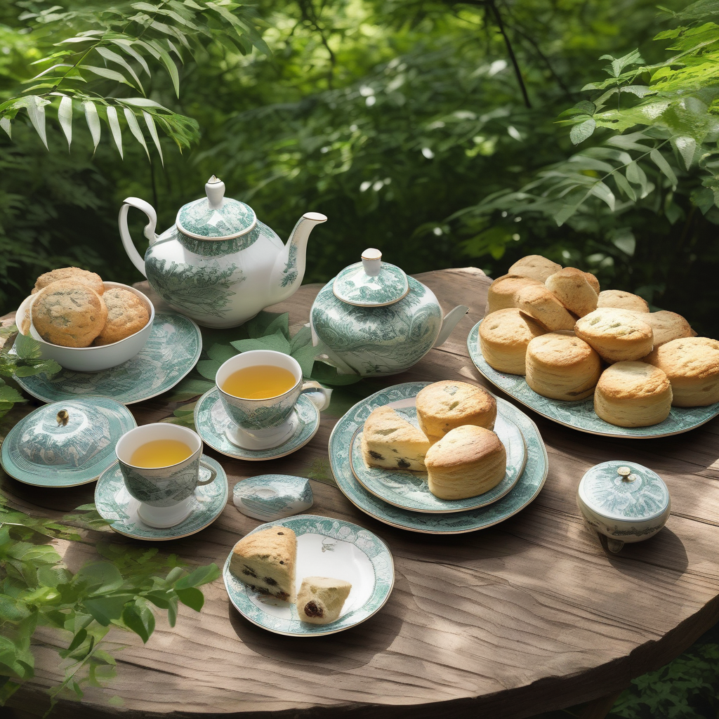 A Tea Set On A Rustic Wooden Table In A Forest