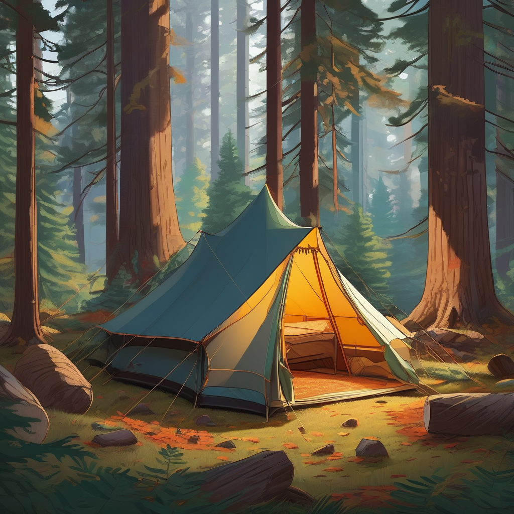A Tent Lit From Within Beneath Tall Pine Trees