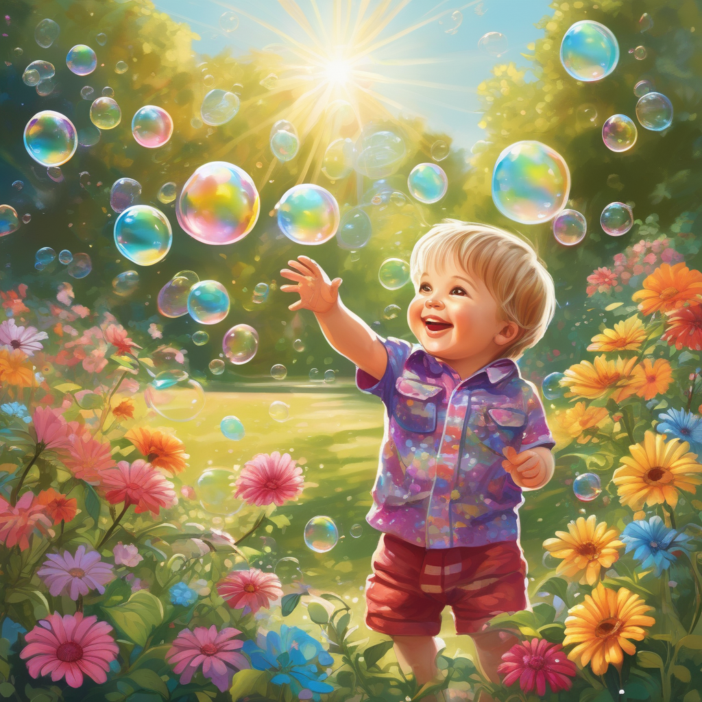 A Toddler Playing With Soap Bubbles In Sunlight