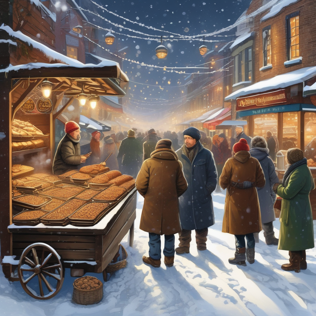 A Vendor Selling Roasted Chestnuts On A Snowy Street