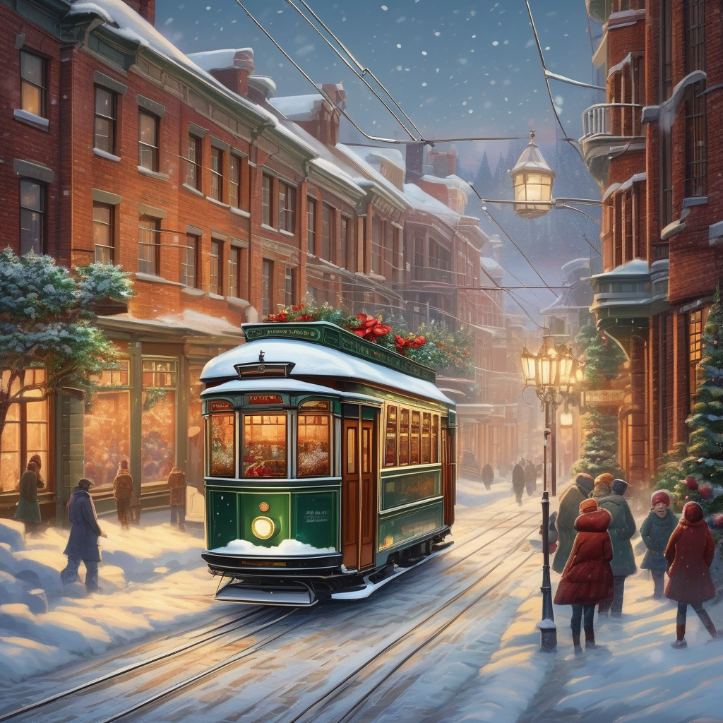 A Vintage Tram Passing Through Snow Covered Streets