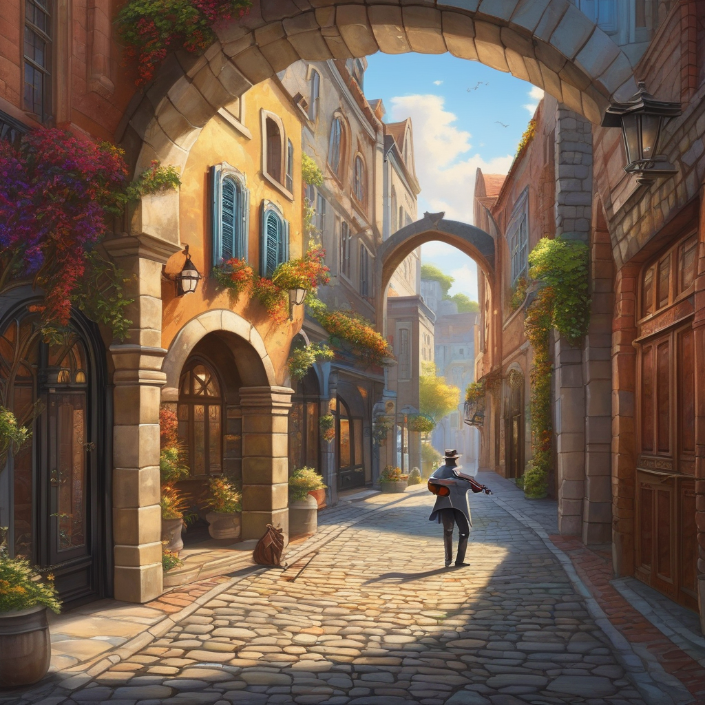 A Violinist Playing Under A Stone Arch In An Old European Town