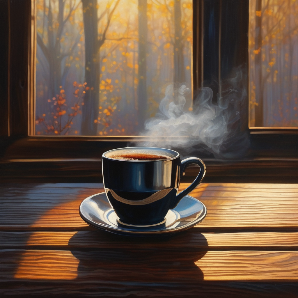 A Cup Of Black Coffee On A Wooden Table Steam Rising In Morning Light 