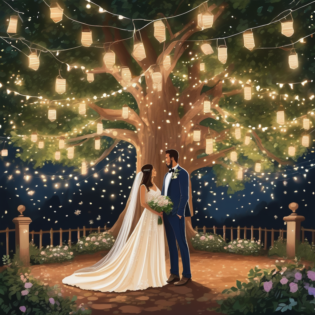 A Wedding Couple Under A Tree Full Of Lights