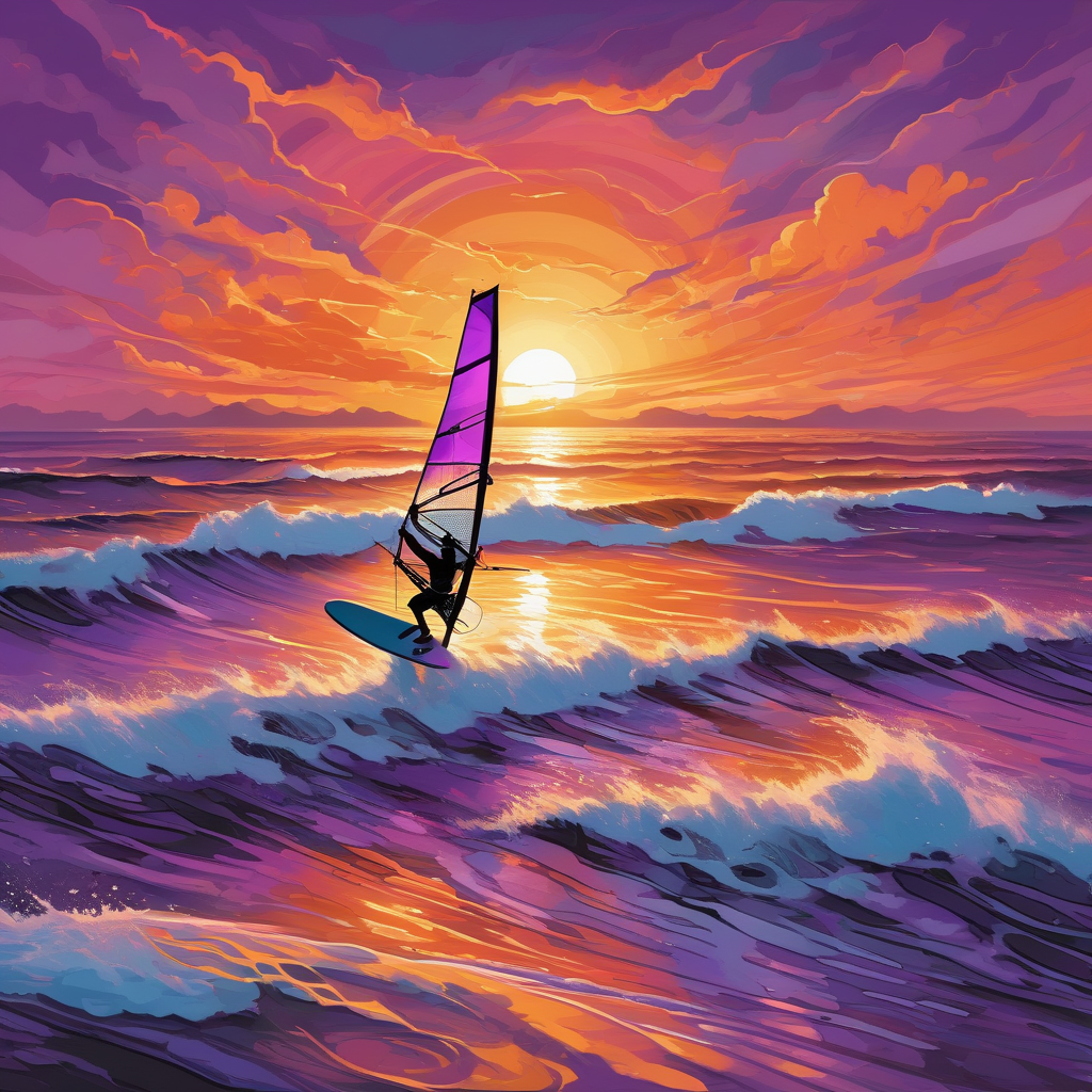 A Windsurfer Catching A Wave At Sunset