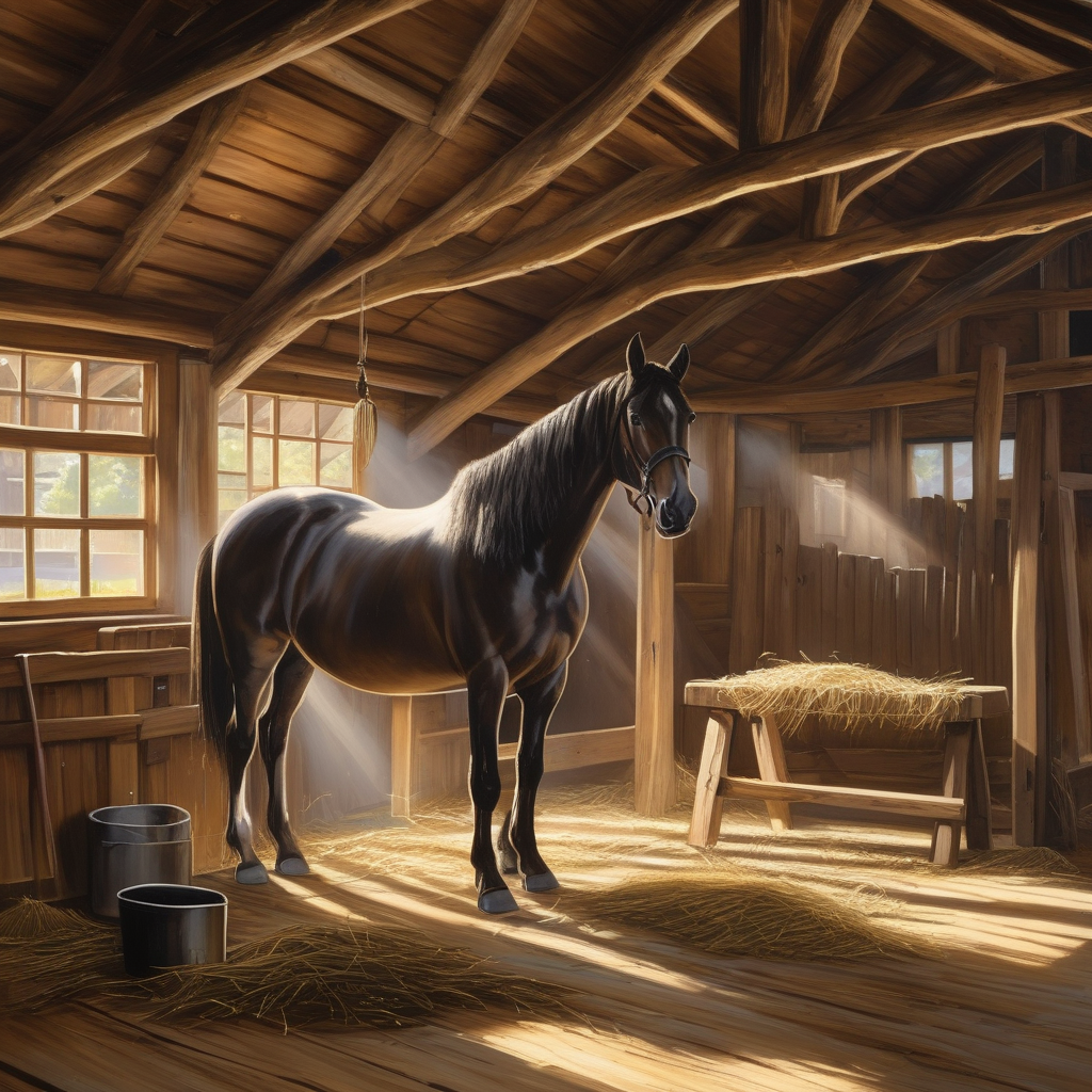 A Woman Brushing A Horse In A Wooden Stable