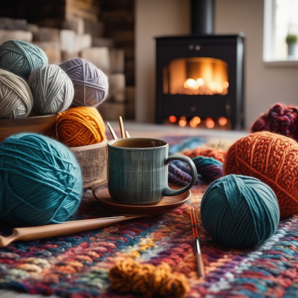 A Woman Knitting Beside A Cozy Fireplace